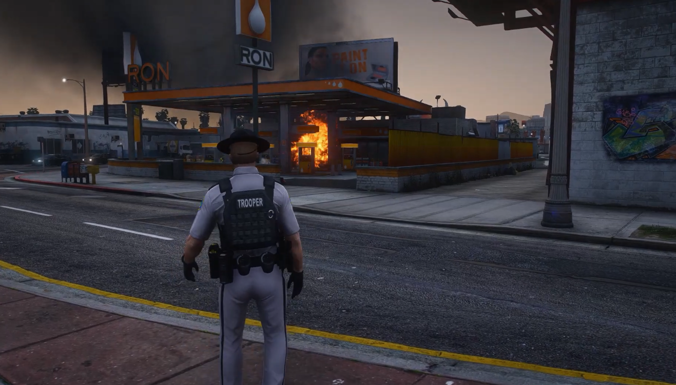 Trooper Watching Gas Station Fire